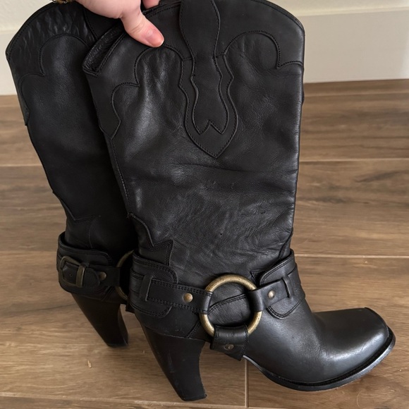 JUSTIN Black Buckle Strap High Heeled Leather Cowboy Boots - Picture 2 of 9